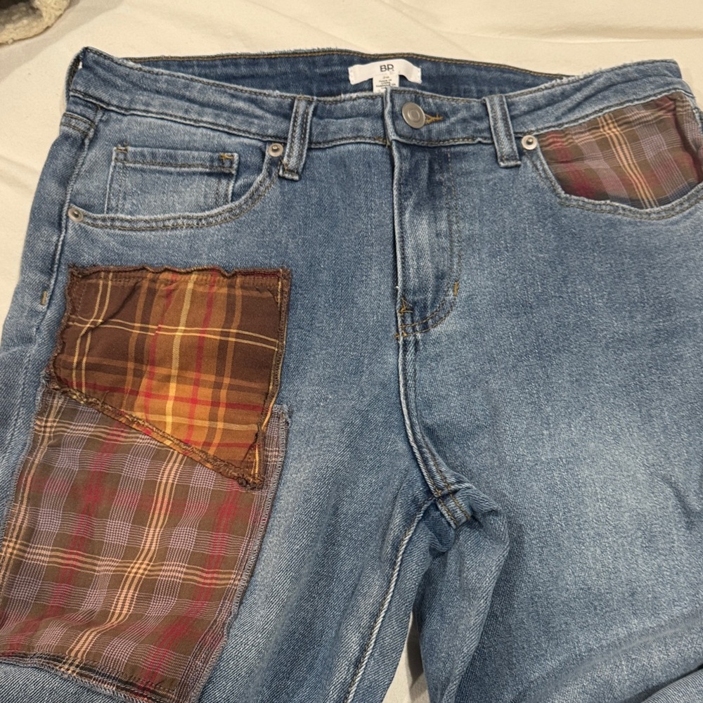 BP Relaxed Blue Jeans with Plaid Accents